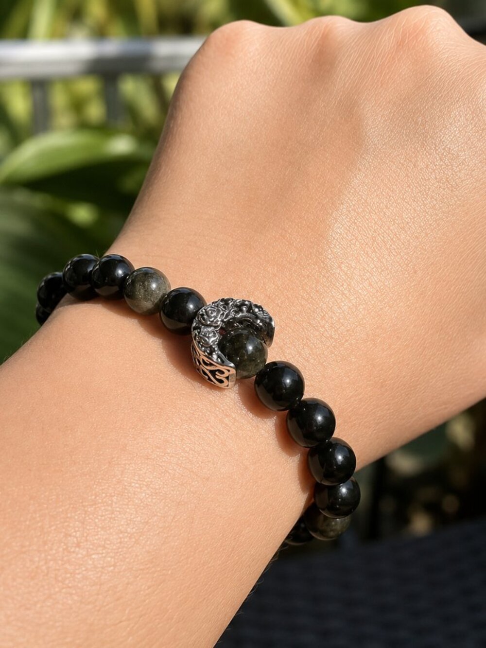 Obsidian Bracelet with S925 Sterling Silver Crescent Moon Charm | 6.5"